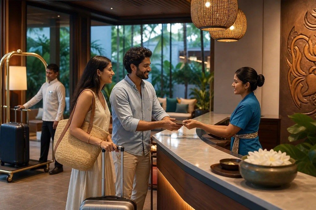 Guests welcomed at hotel check-in in Sri Lanka